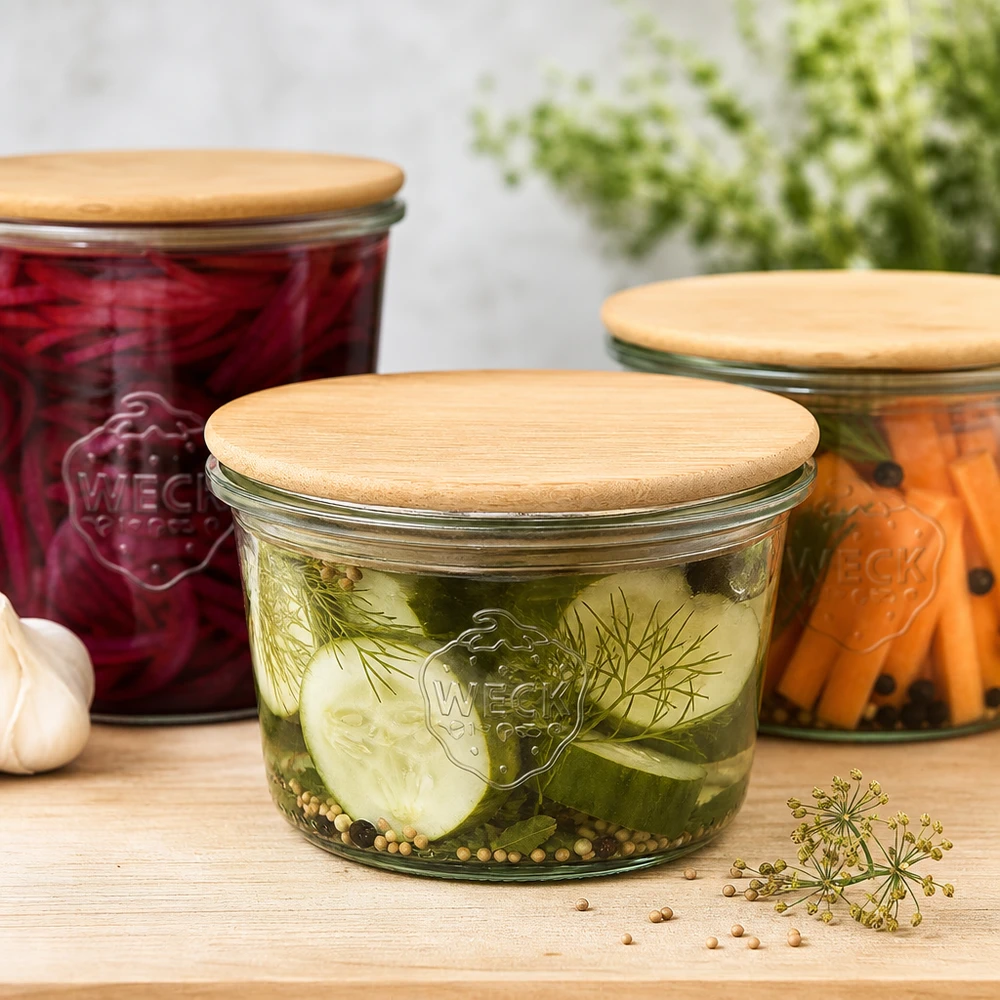 WECK Sturzglas 80ml RR60 Holzdeckel eingelegte Gurken Gemüse fermentieren Einmachen Konservieren Küchenhelfer