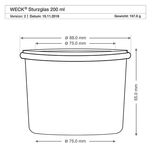 200ml Sturzglas WECK RR80 mit Korken natur Technische Zeichnung WECK Sturzglas 200ml RR80 mit Maßangaben Durchmesser 88mm Höhe 55mm Gewicht 157g