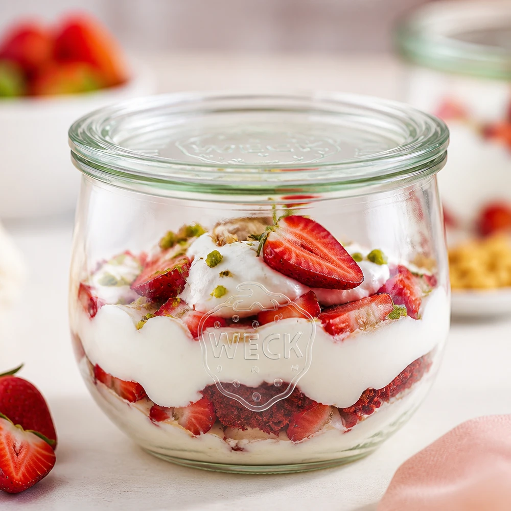 WECK Tulpenglas 580ml RR100 mit Erdbeer-Joghurt-Dessert gefüllt als Dessertvariante mit Pistazien auf weißer Oberfläche