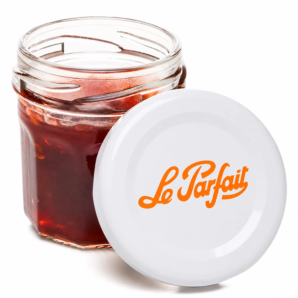 44ml Mini-Sturzglas "Jam" mit Schraubdeckel Le Parfait® Le Parfait Mini-Sturzglas 44ml geöffnet mit roter Marmelade gefüllt und orangefarbenem Logo auf weißem Deckel