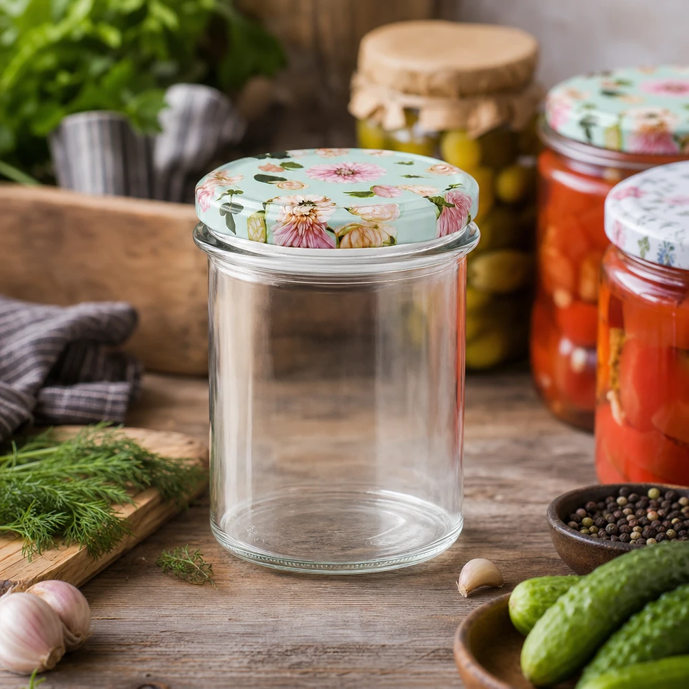 350ml Einmachglas mit Blumendeckel mint in rustikaler Küche, umgeben von frischen Gurken und Gewürzen zum Einkochen
