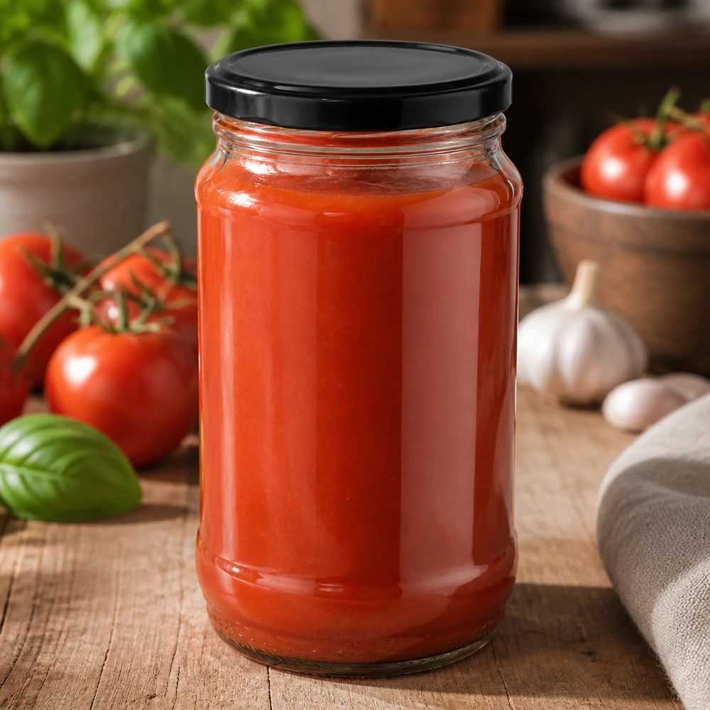 Hermetisch verschlossenes 370ml UNiTWIST Rundglas mit BasicSeal Deckel und frischer Tomatensoße