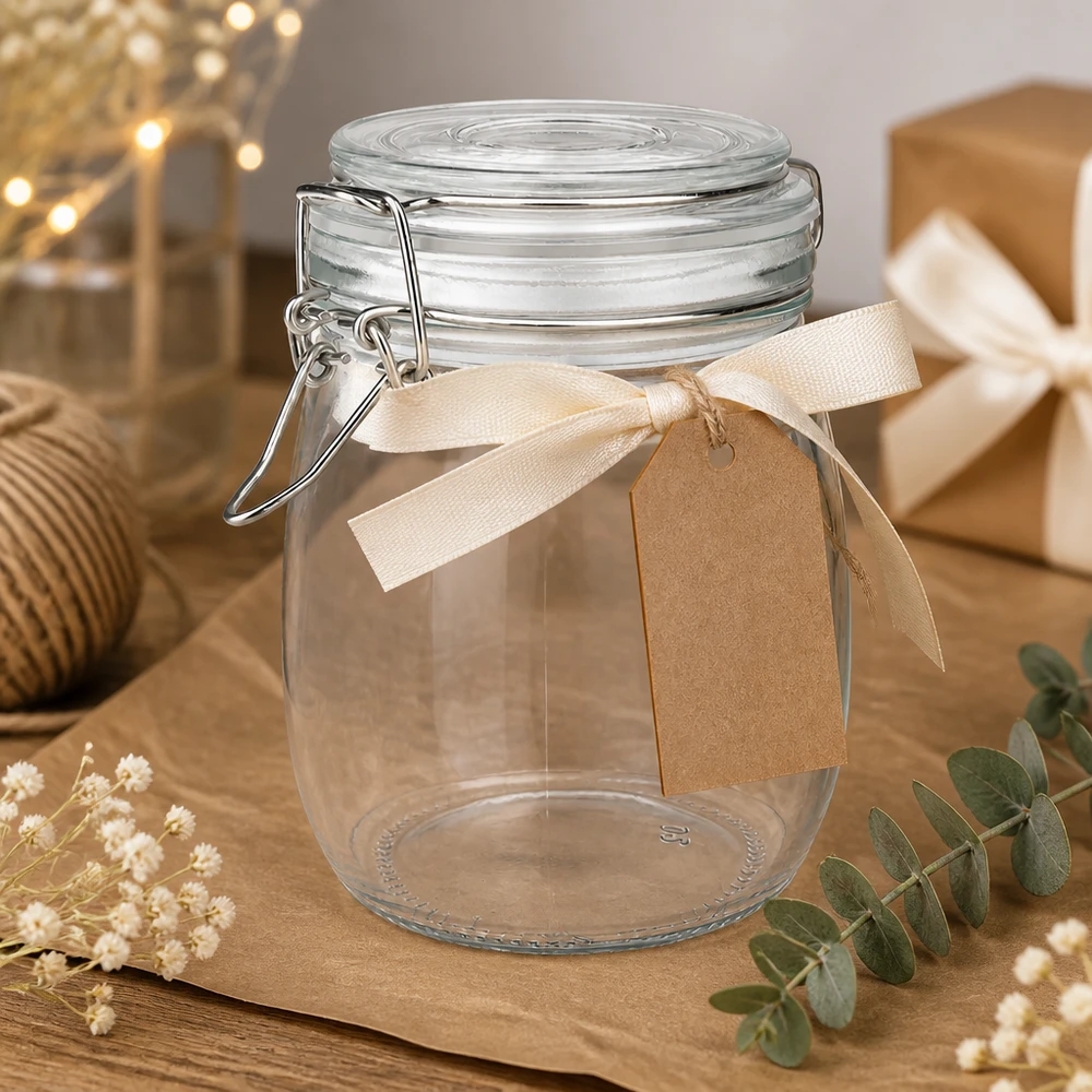 Stilvolles Geschenkglas 750ml mit Naturdeko ideal für selbstgemachte Präsente und Mitbringsel