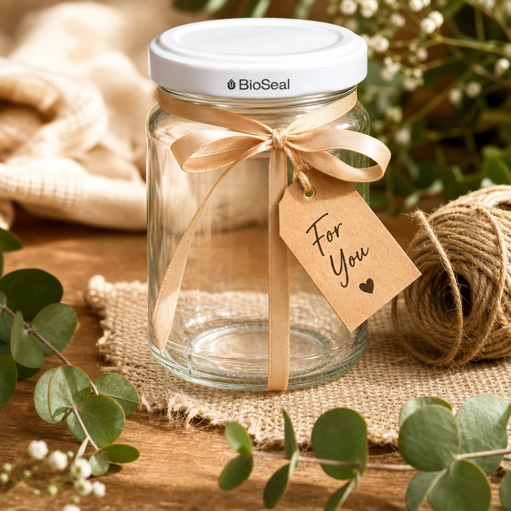 205ml Rundglas mit BioSeal Deckel weiß UNiTWIST UNiTWIST Runda205 Glasdose mit TO58 BioSeal Deckel als Geschenk dekoriert mit Schleife und Geschenkanhänger