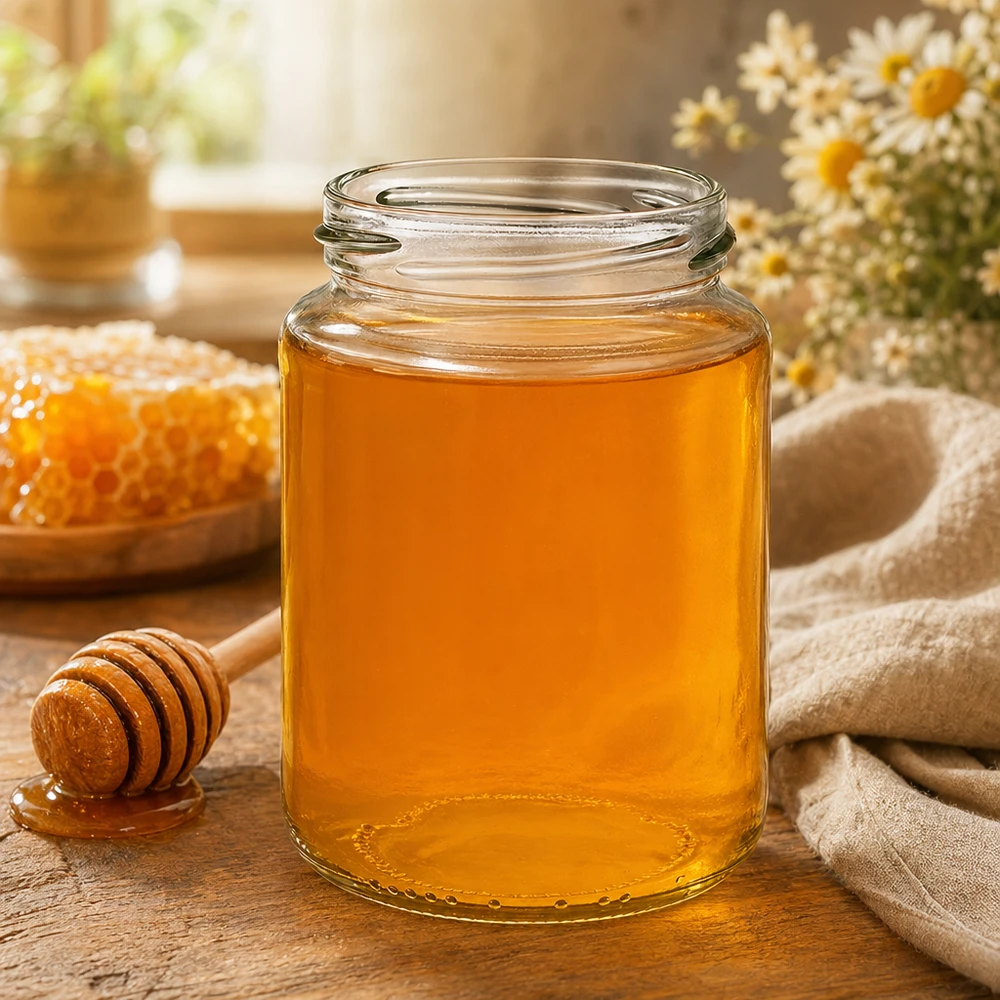 382ml Rundglas ohne Deckel (TO66) UNiTWIST UNiTWIST Runda382 Rundglas 382ml TO66 mit Honig gefüllt neben Honigwabe und Holzlöffel auf rustikalem Holztisch