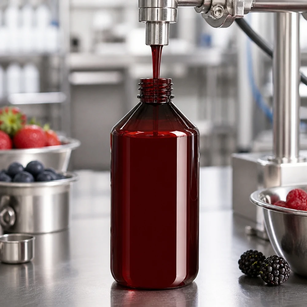 Robuste 750ml PET Flasche in Lebensmittelverarbeitung mit frischen Früchten im Hintergrund