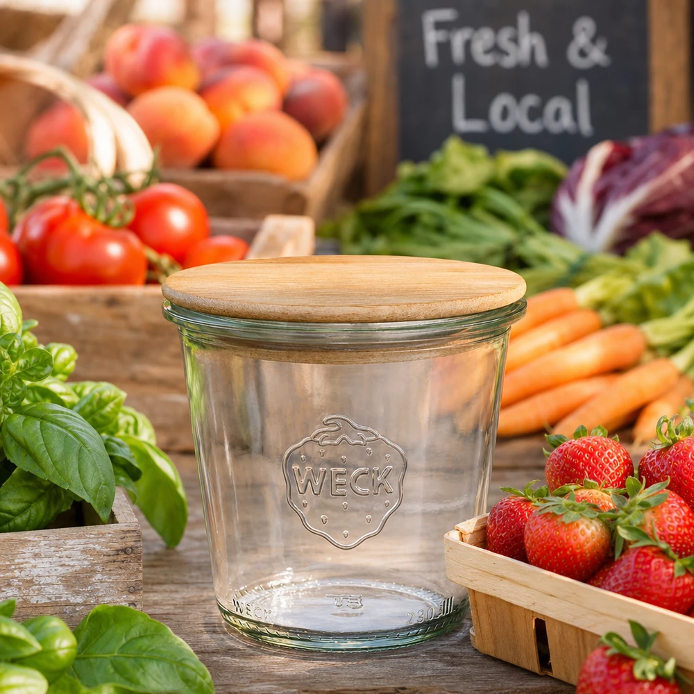 WECK Vorratsglas 290ml RR80 mit Holzdeckel zwischen frischem Gemüse und Obst auf Marktstand Fresh Local