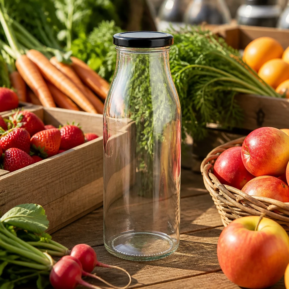 500ml Glasflasche mit schwarzem Deckel zwischen frischem Obst und Gemüse auf Holztisch Küchenszenerie