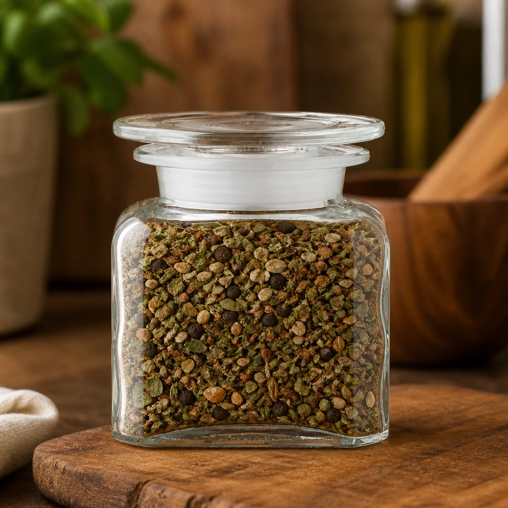 Kompaktes 100ml Apothekerglas mit Weithals für Gewürze auf Holzunterlage mit Pflanzen im Hintergrund