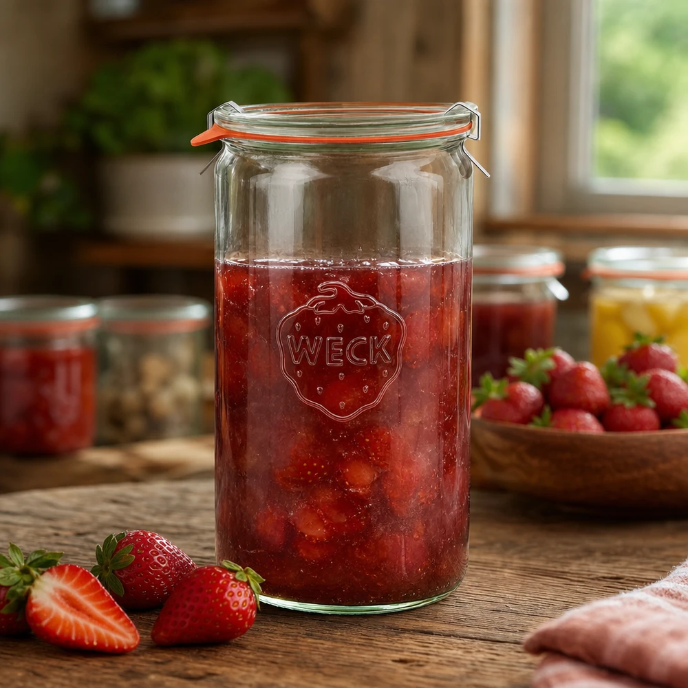 1590ml Zylinderglas komplett WECK RR100 WECK Einmachglas 1590ml befüllt mit Erdbeermarmelade auf Holztisch mit frischen Erdbeeren im Hintergrund