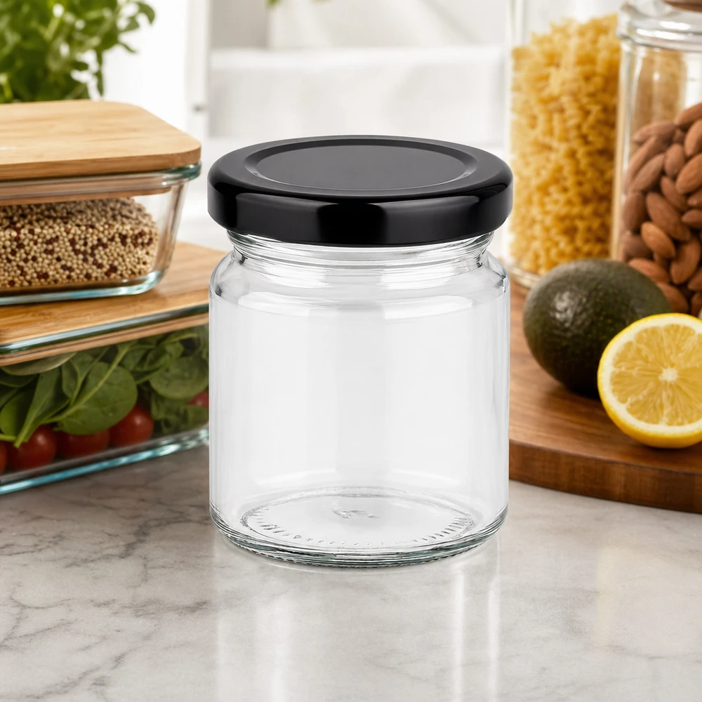 53ml Rundglas mit schwarzem Deckel leer auf Marmor-Arbeitsplatte neben Vorratsgläsern kompakte Küchenorganisation