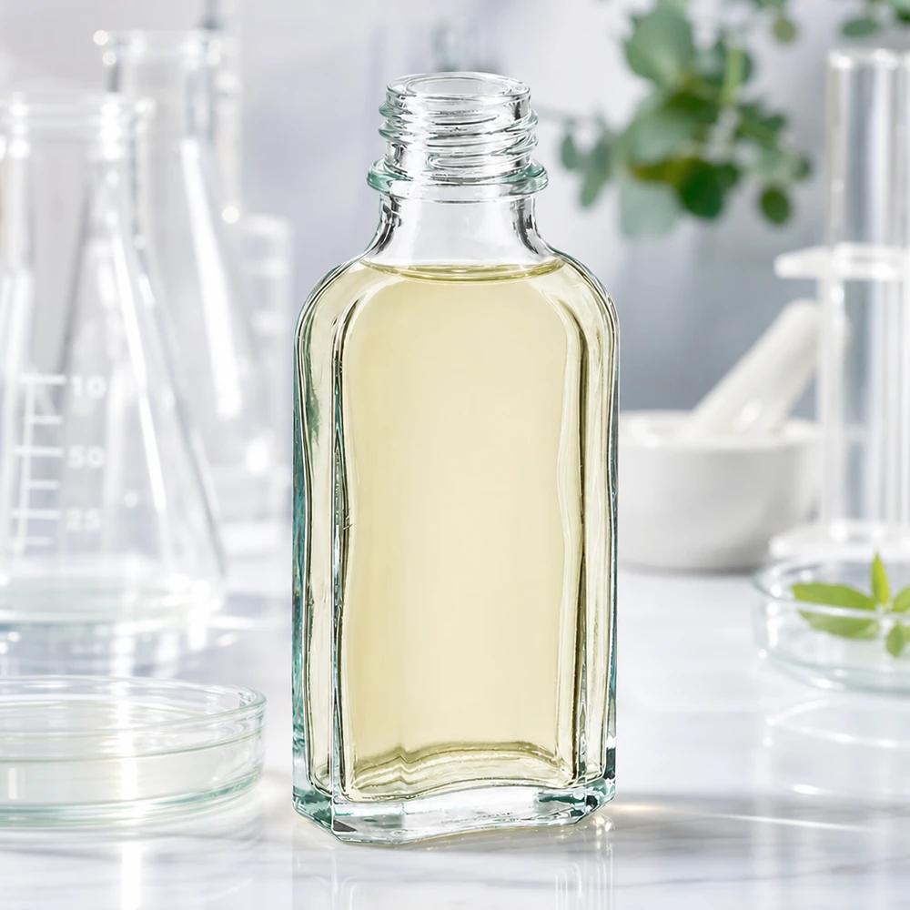 Offene 50 ml Meplatflasche klar mit gelbem Pflanzenextrakt DIN22 Mündung