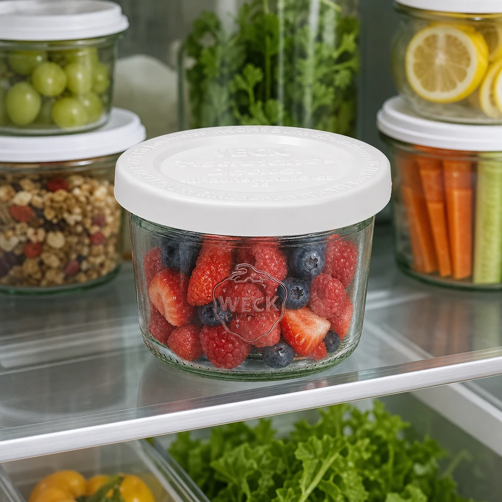 80ml Sturzglas mit Frischedeckel WECK RR60 80ml WECK Sturzglas RR60 mit gemischten Beeren im Kühlschrank neben anderen Vorratsgläsern mit Gemüse und Obst
