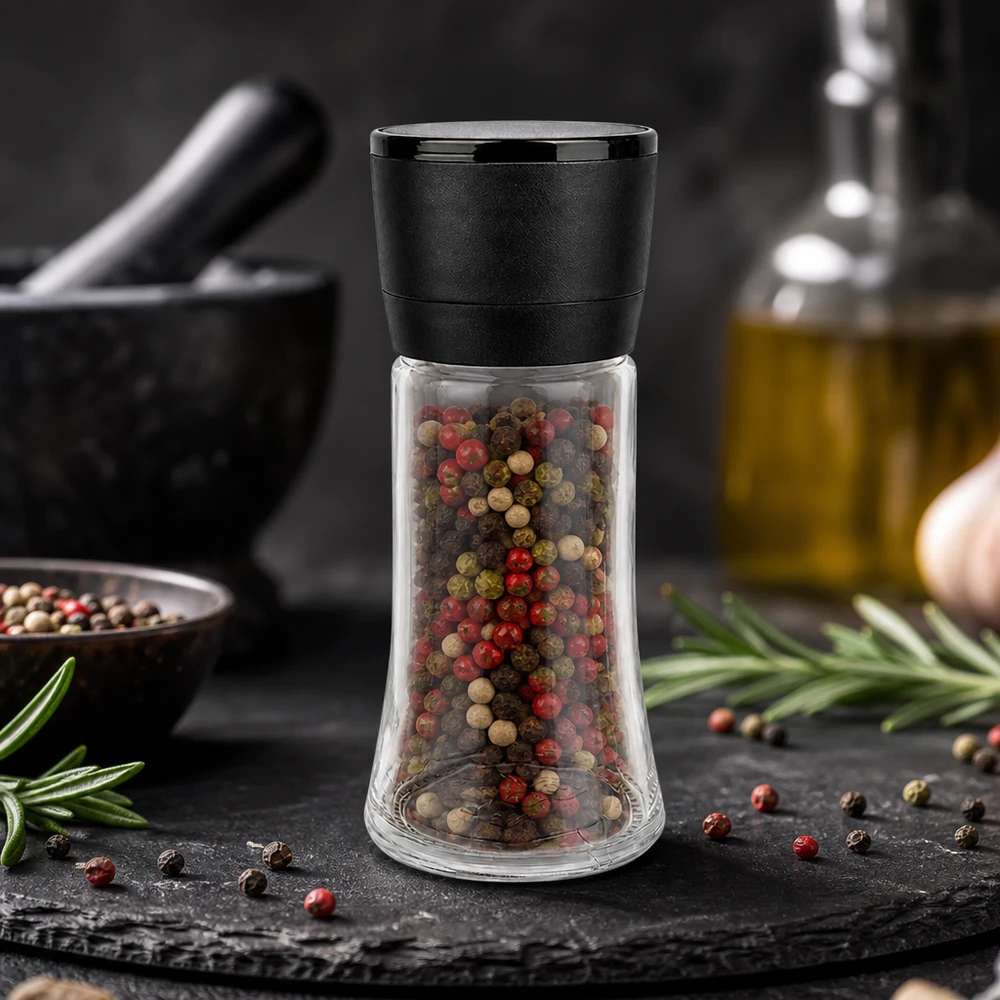 Salz-/Gewürzglas 95ml mit Mühle Vario schwarz Gewürzglas mit integrierter Mühle Vario 95ml neben Olivenöl Knoblauch und Mörser in Küchenszene