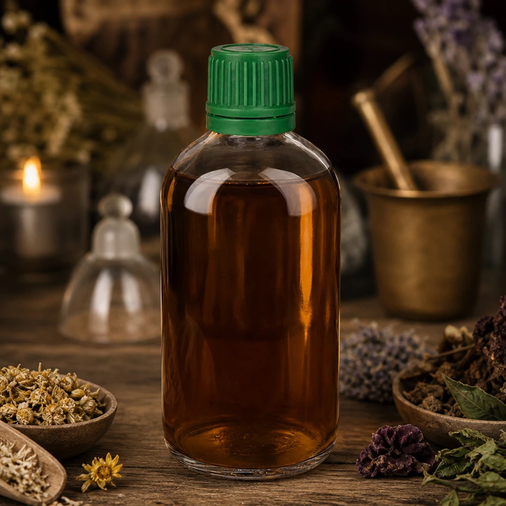 Transparente 100ml Flasche ClearLine UT18 grüner OV 11mm mit getrockneten Heilkräutern und Kerze