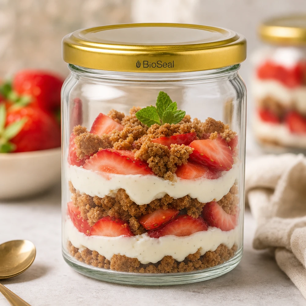 UNiTWIST Runda408 Dessertglas mit goldenem TO82 BioSeal Deckel für Erdbeer-Tiramisu Schichtdessert mit Sahne