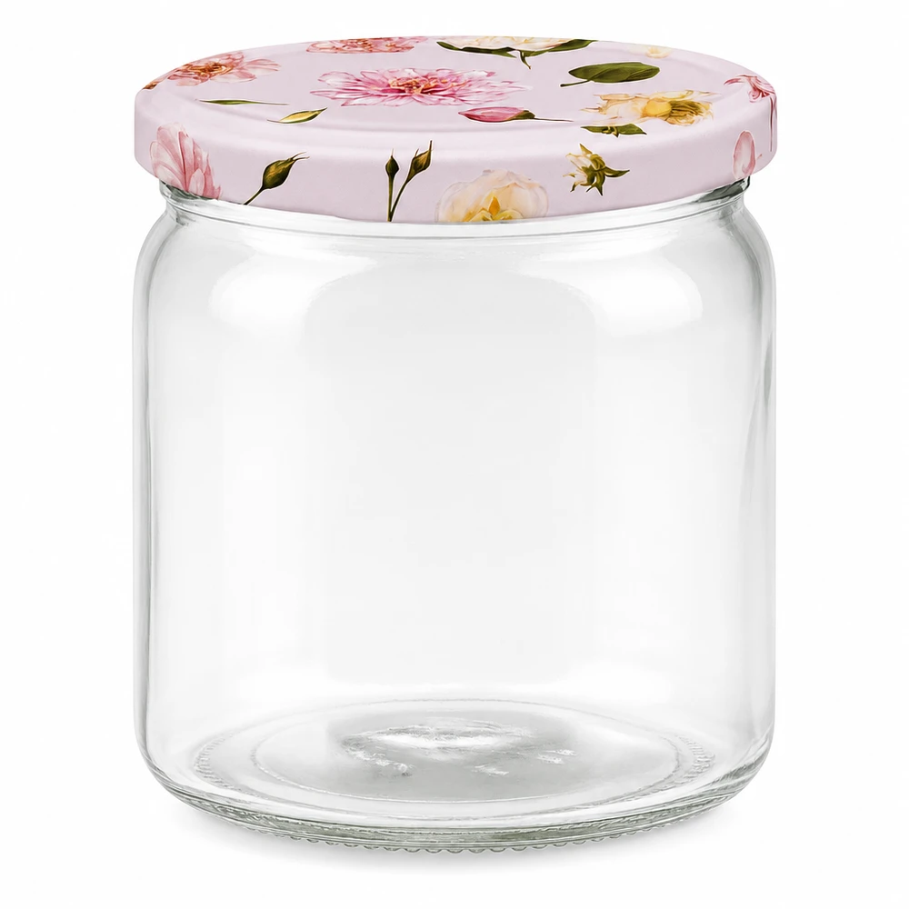 408ml Rundglas mit rosa Blumendeckel BasicSeal Einmachglas Vorratsglas Marmeladenglas leer