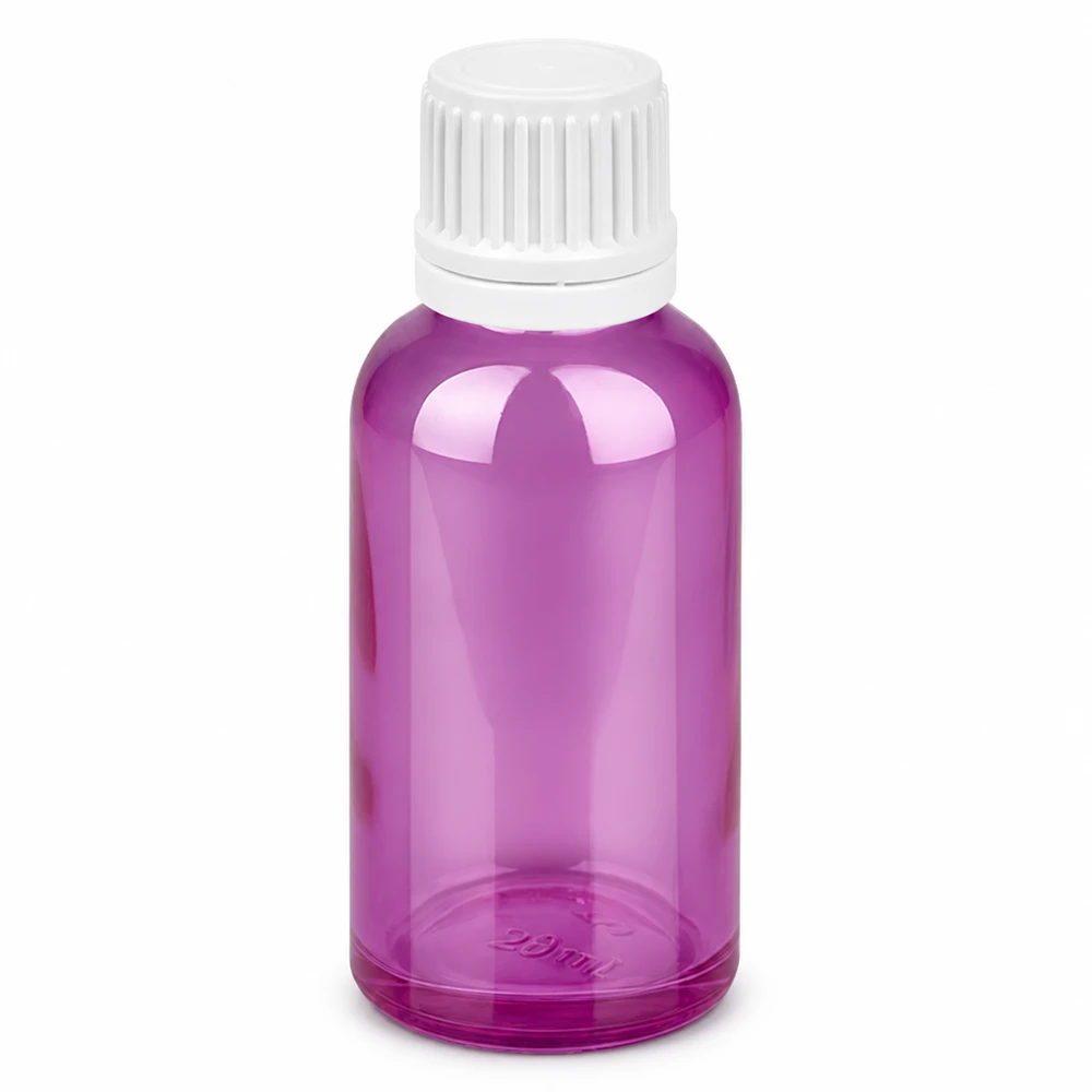 Handliche 30ml Glasflasche in Purple Line Design mit sicherem weißen Schraubdeckel