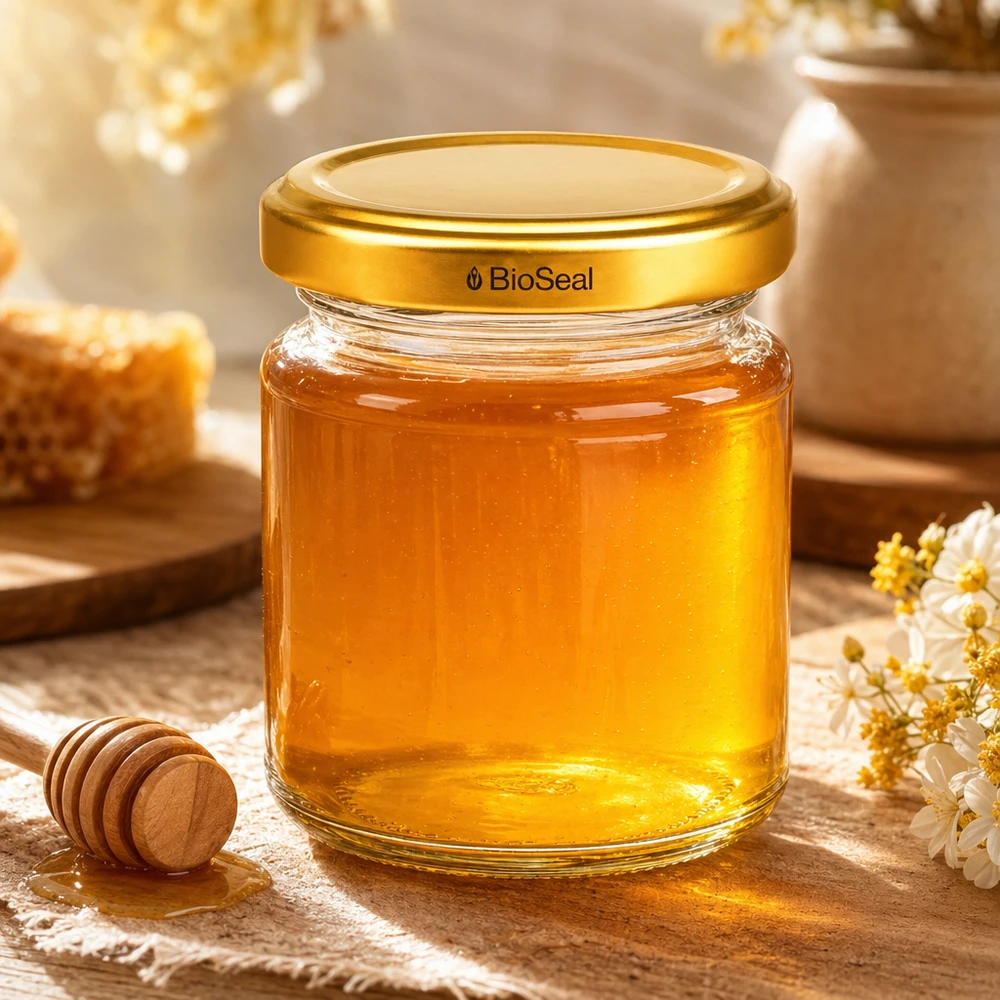 UNiTWIST Runda53 Honigglas mit goldenem TO43 BioSeal Deckel gefüllt mit Honig neben Honiglöffel und Blüten