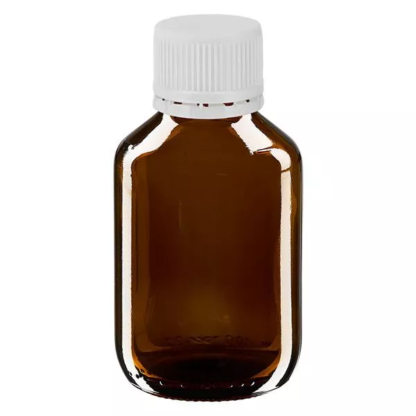 100ml Medizinflasche braun, Verschluss weiß mit Originalitätsring ApoGlas 100ml Medizinflasche braun, Verschluss weiß mit Originalitätsring ApoGlas