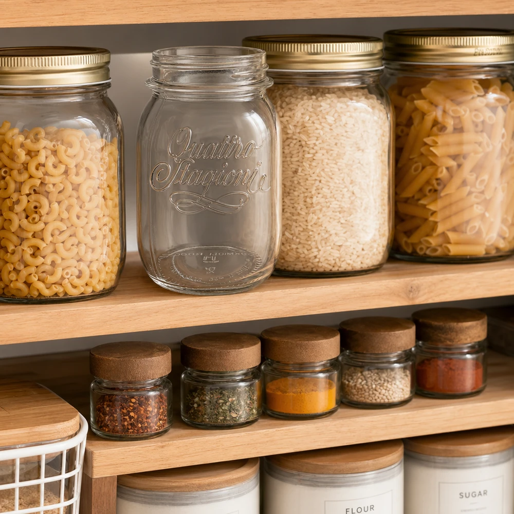 500ml Rundglas "Quattro Stagioni" QS70mm Quattro Stagioni 500ml Vorratsglas in organisierter Küchenpantry mit Pasta Reis und Gewürzen für stilvolle Aufbewahrung