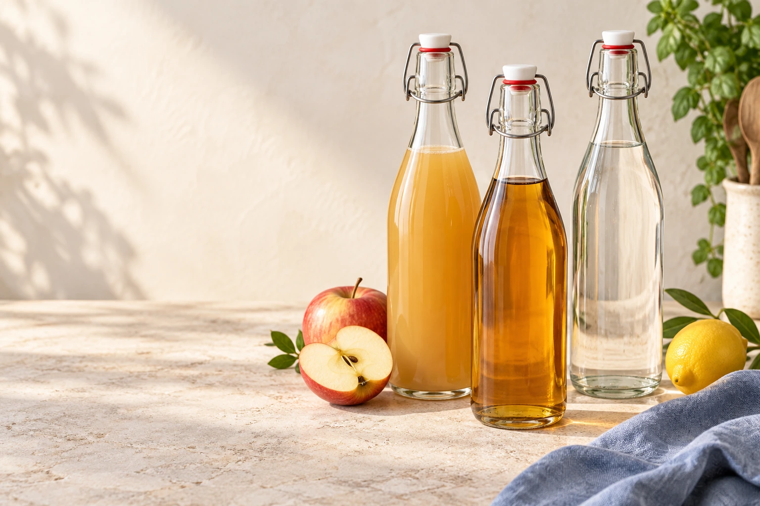 Bügelflaschen mit Saft, Sirup und Wasser auf einem hellen Küchentisch – illustriertes Anwendungsbeispiel