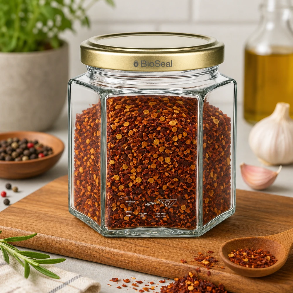520g Honigglas mit goldenem Deckel BioSeal UNiTWIST BioSeal Honigglas 520g mit Chili-Flocken gefüllt zeigt vielseitige Verwendung für Gewürze und Vorratshaltung