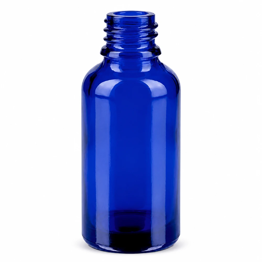 Kompakte blaue Glasflasche 30ml BlueLine Serie mit tropfgenauem grünem Verschluss