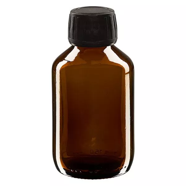 150ml Medizinflasche braun, Verschluss schwarz mit Originalitätsring ApoGlas