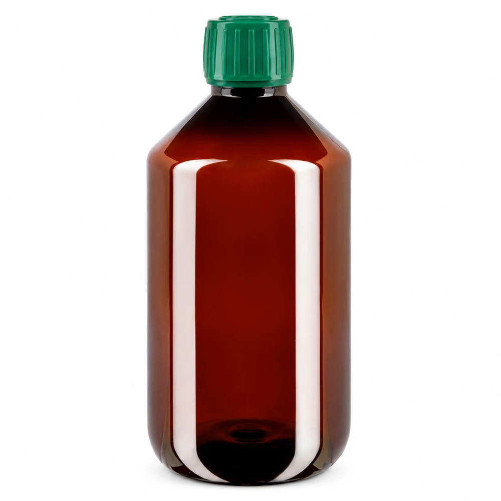 Braune PET Weithalsflasche 500ml mit grünem OV Verschluss für Flüssigkeiten geeignet