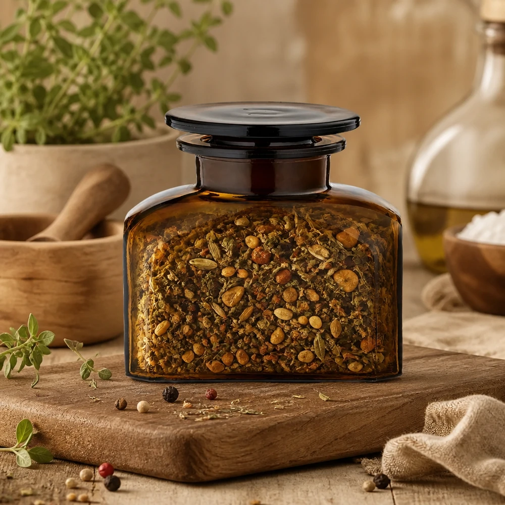 Gewürzglas Idee: Vierkant-Apothekerflasche 150 ml Weithals Dekoratives Gewürzglas 150 ml vierkant mit Kräutermischung auf rustikalem Holzschneidebrett