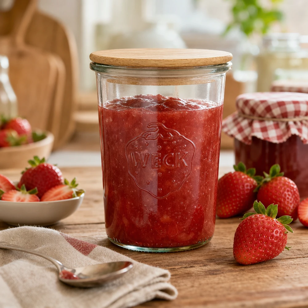 WECK Einmachglas 850ml mit Erdbeermarmelade befüllt Holzdeckel Küchenszenerie frische Erdbeeren Dekoration