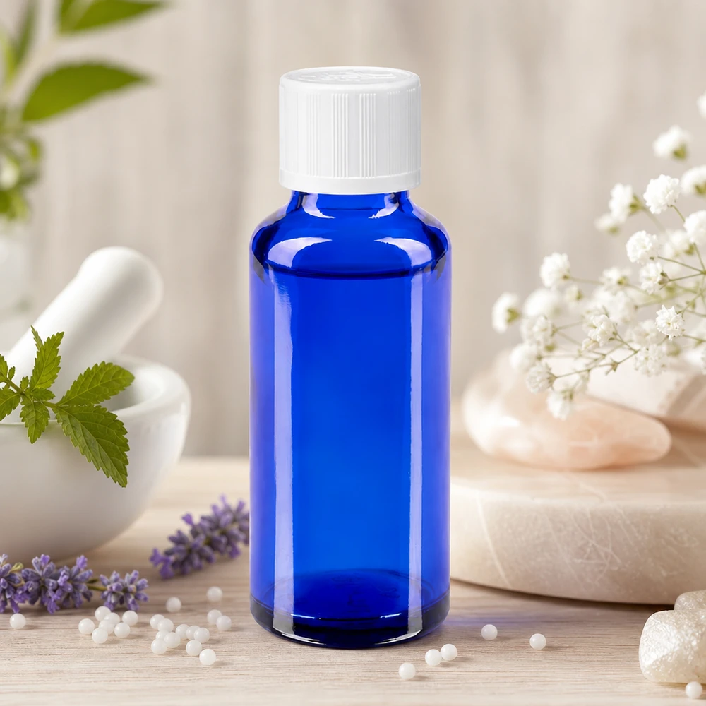 Apothekenflasche blau 30ml Tropfverschluss weiß Kindersicherung Standard Medizinische Glasflasche 30ml in Kobaltblau mit weißem KiSi-Verschluss neben Homöopathiekügelchen