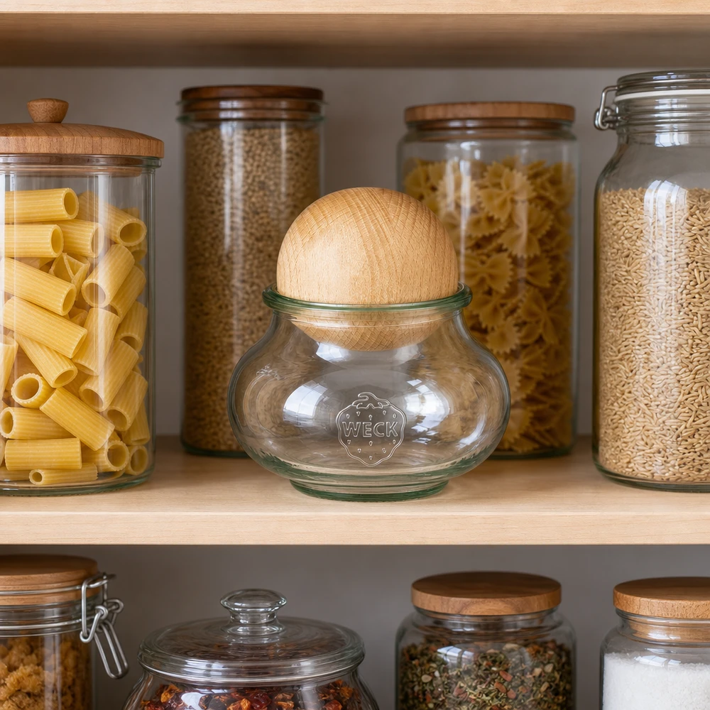 560ml Schmuckglas WECK RR80 mit Holzkugel Buche WECK Glas 560ml RR80 Buchenkugel Deckel in Vorratsschrank mit Nudeln Reis Linsen organisierte Küche Aufbewahrung