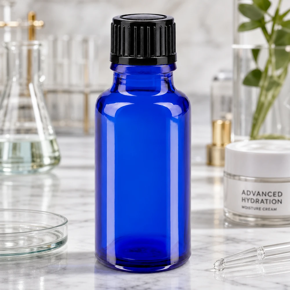 Apothekenflasche blau 20ml Schraubverschluss schwarz Standard Blaue Tropfflasche 20ml aus Borosilikatglas mit schwarzem Standardverschluss auf Marmor