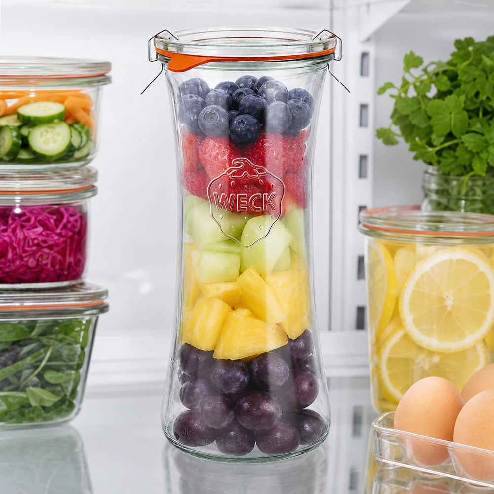 700ml Delikatessenglas komplett WECK RR80 WECK Delikatessenglas 700ml RR80 mit buntem Obstsalat gefüllt, Bügelverschluss-Einmachglas für frische Früchte