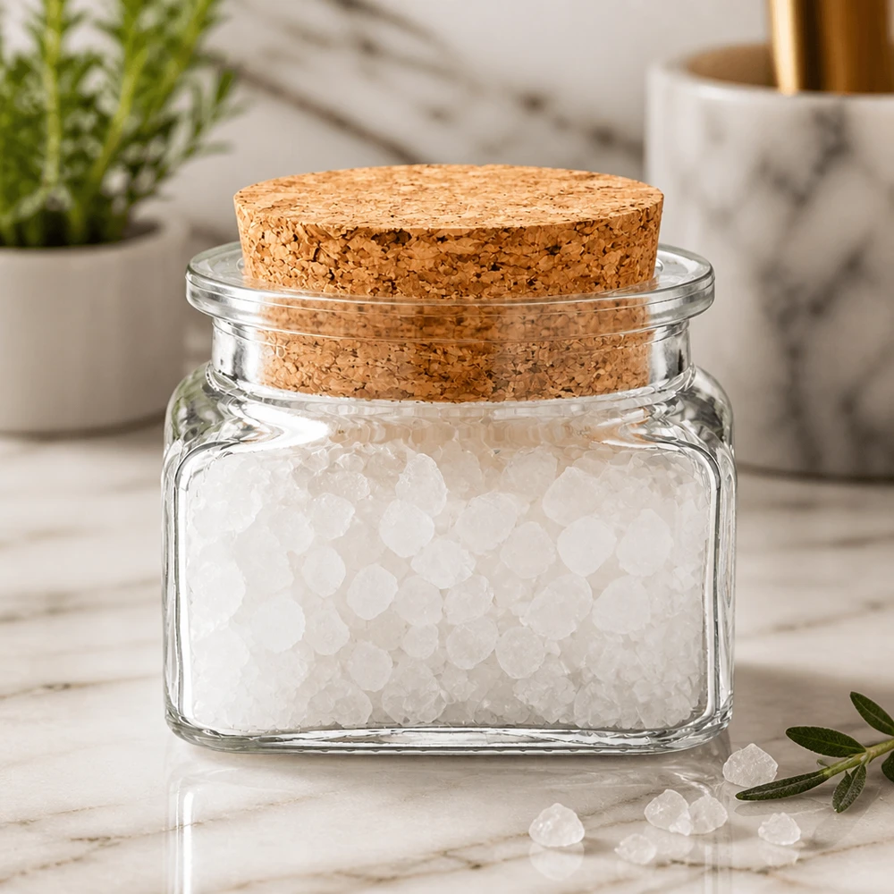 Gewürzglas Idee: Quadratus 120ml klar, Öffn 39mm, m. Kork 38 Gewürzglas Quadratus mit Korken gefüllt mit grobkörnigem weißen Salz Nahaufnahme