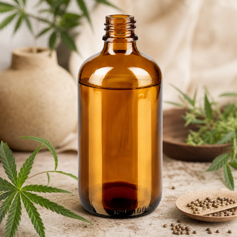 Tropfflasche 100 ml DIN 18 aus Braunglas 100ml braune Apothekerflasche ApoGlas mit Cannabis Hanfpflanzen und Koriandersamen auf Holztisch