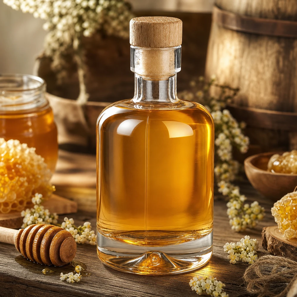 50ml Glasflasche "Attila" mit Holzgriffkorken UNiTWIST 50ml Glasflasche Amelie mit Honig befüllt umgeben von Waben Honigdipper und getrockneten Blüten rustikal inszeniert
