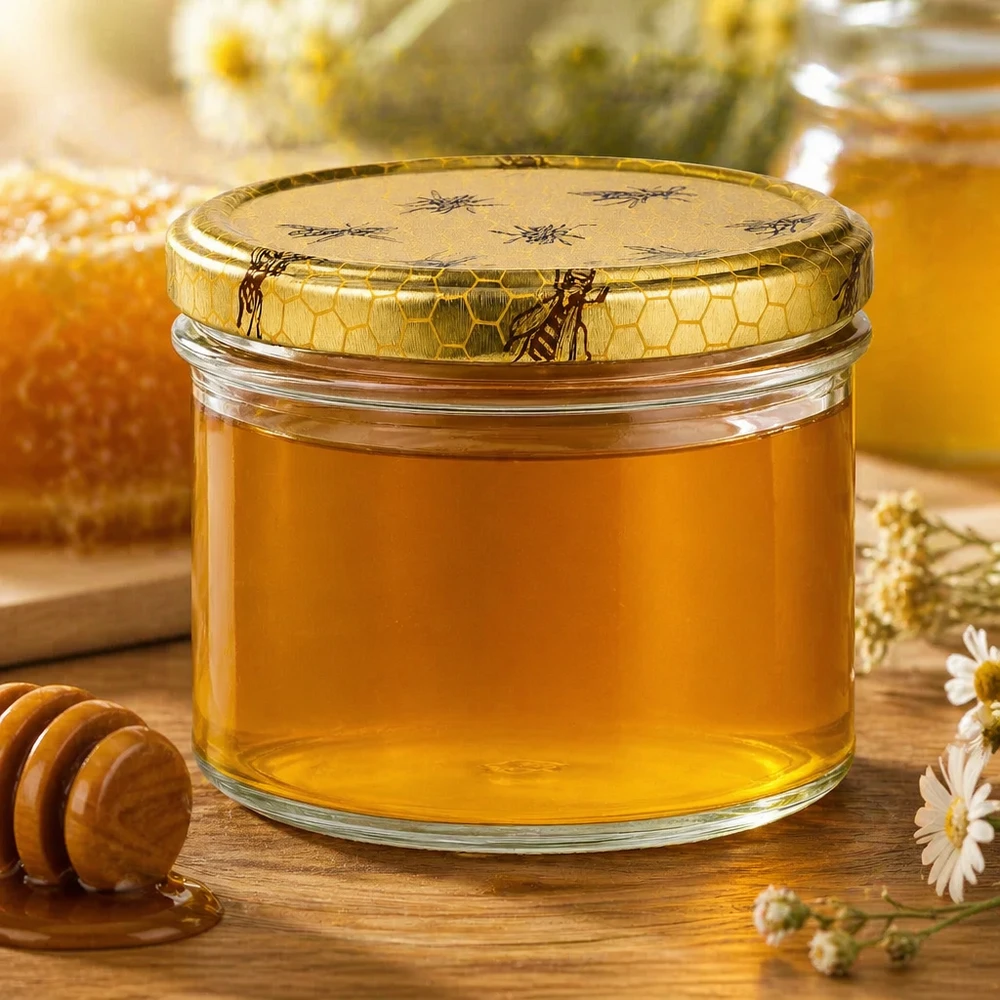 250g Honigglas mit Bienenwaben-Deckel gefüllt mit goldenem Honig neben Honiglöffel und Kamille-Blüten