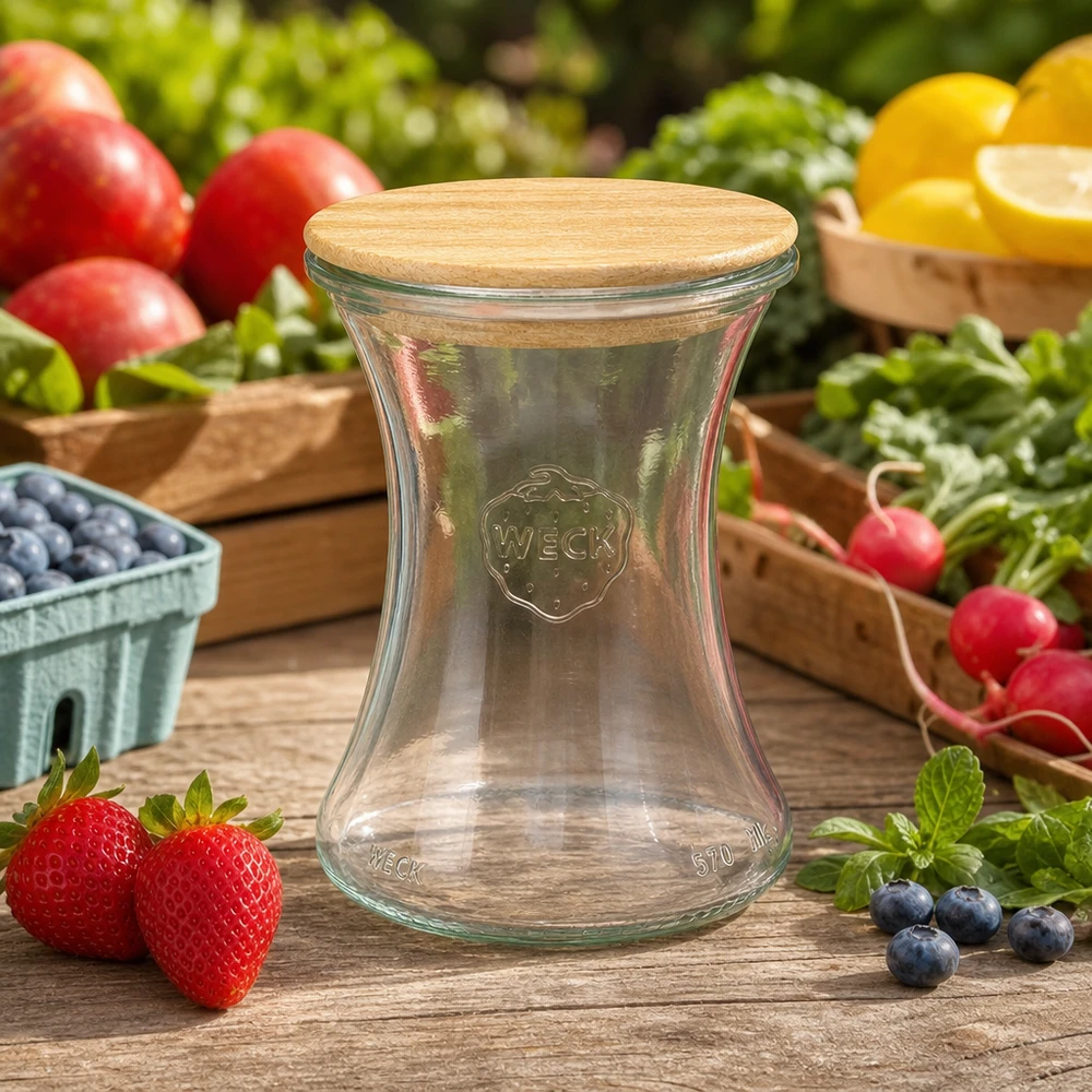 370ml Delikatessenglas WECK RR80 mit Holzdeckel WECK Delikatessenglas 370ml RR80 mit Holzdeckel auf Holztisch zwischen frischen Erdbeeren Blaubeeren und Gemüse