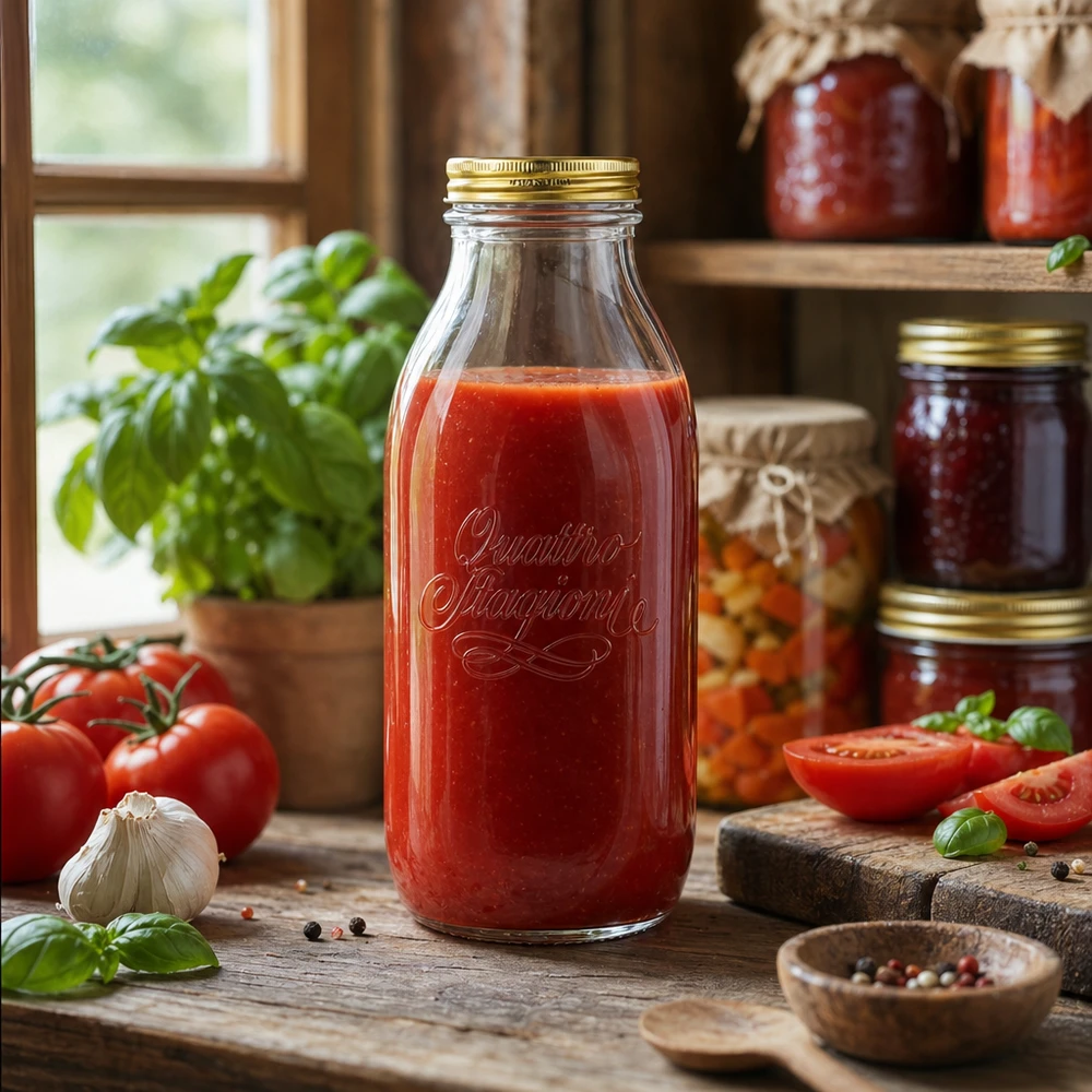 Quattro Stagioni 1000ml Glasflasche mit Tomatensauce gefüllt in rustikaler Küche mit frischen Tomaten und Kräutern