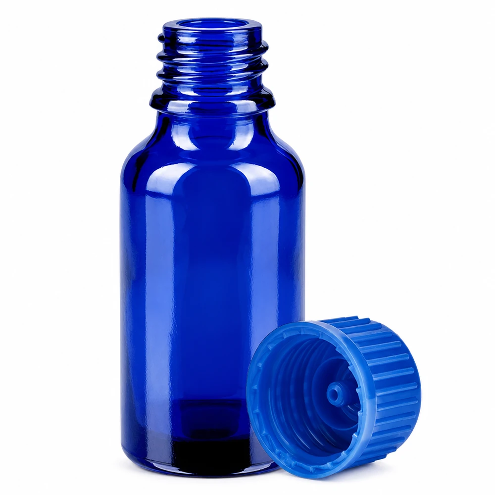 20ml Flasche 11mm Schraubverschluss blau Standard BlueLine UT18/20 Handliche 20ml Glasflasche in elegantem Blau mit robustem Verschlusssystem für den täglichen Gebrauch