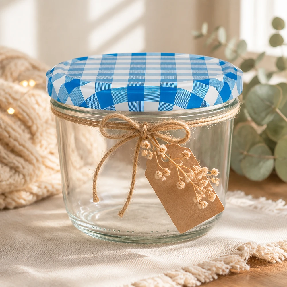 230ml Sturzglas + BasicSeal Deckel blau/weiß UNiTWIST 230ml Sturzglas mit blau-weißem BasicSeal Deckel dekoriert mit Juteschnur und Kraftpapier-Anhänger als Geschenkverpackun
