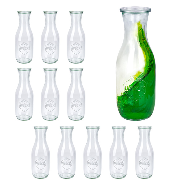 12er Set Weck Gläser 1062ml Saftflasche mit 12 Glasdeckeln 12er Set Weck Gläser 1062ml Saftflasche mit 12 Glasdeckeln