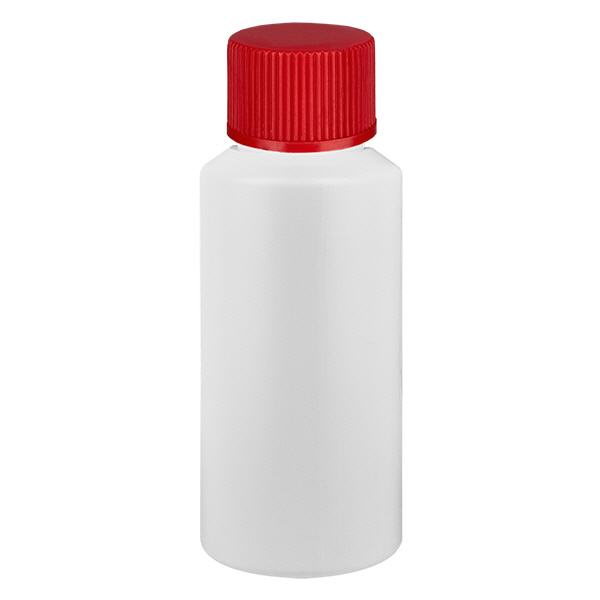 Apothekenflasche HDPE 30ml weiß, mit rotem Schraubverschluss Apothekenflasche HDPE 30ml weiß, mit rotem Schraubverschluss