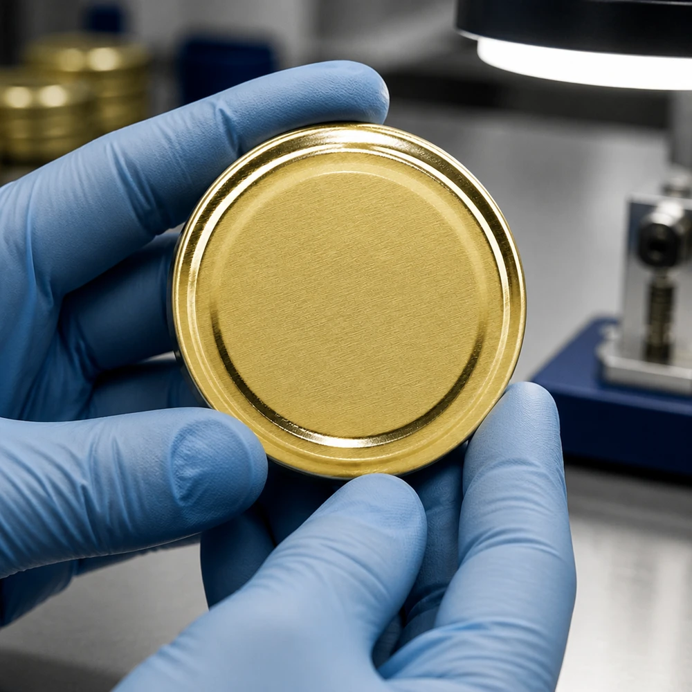 Goldener Konservendeckel TO43 BioSeal BPA-NI unitemp Materialprüfung Handschuh Detailansicht