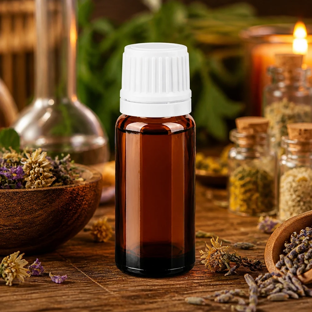 Dunkle Glasflasche 10ml mit weißem kindersicherem OV für ätherische Öle und Heilpflanzenextrakte