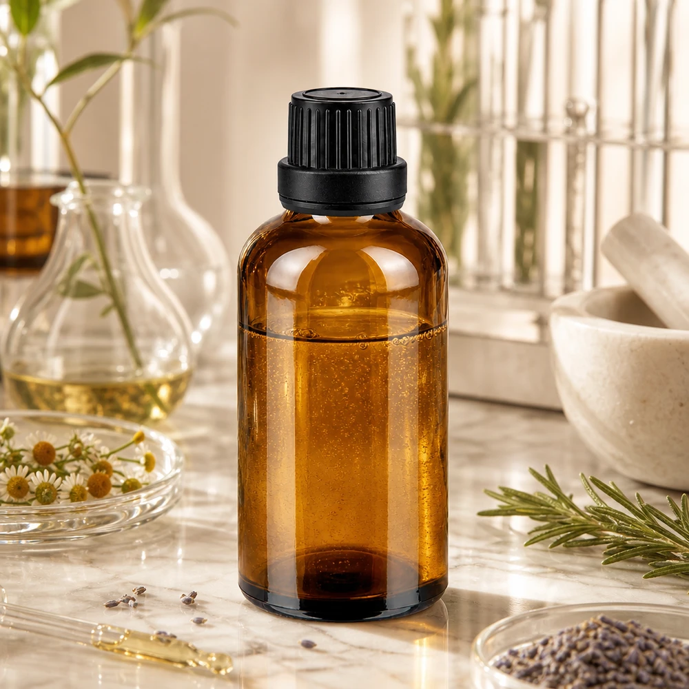 Apothekenflasche braun 50ml Schraubverschluss schwarz Dichteinlage Originalitätsverschluss Kleine braune Apothekerflasche 50ml mit schwarzem Verschluss zwischen frischen Kräutern und Glasgefäßen