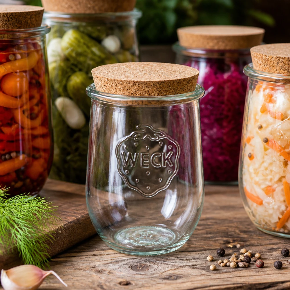 1062ml Tulpenglas WECK RR100 mit Korken natur WECK RR100 Tulpenglas 1062ml mit Korken zwischen bunten Fermentationsgläsern eingelegtem Gemüse auf Holztisch